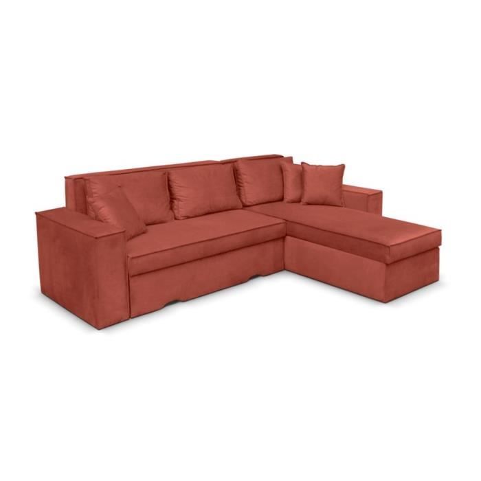 Canapé d'angle 4 places CAELIA Réversible et Convertible avec coffre en velours - Rouge brique - L250 x P180 x H79cm - LOUNGITUDE