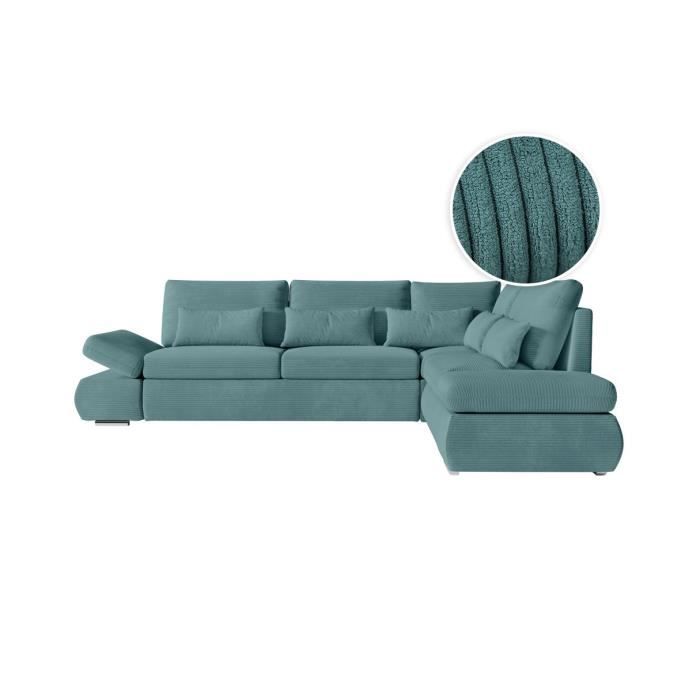 Canapé d'angle 4 pl réversible SEBASTIAN convertible avec coffre en velours côtelé - Bleu clair - L267 x P200 x H90cm - LOUNGITUDE