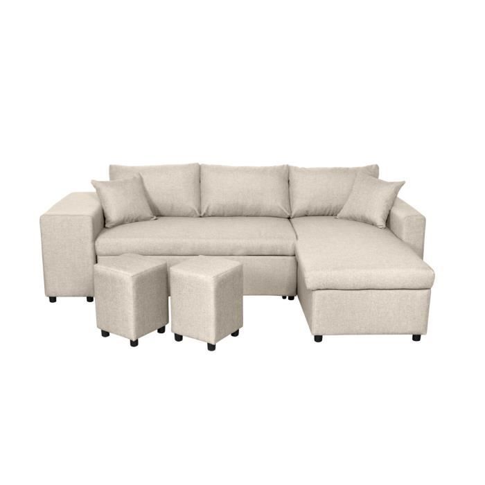 Canapé d'angle 3 places réversible OSLO avec coffre et poufs gauche en tissu - Beige - L241 x P146 x H81cm - LOUNGITUDE