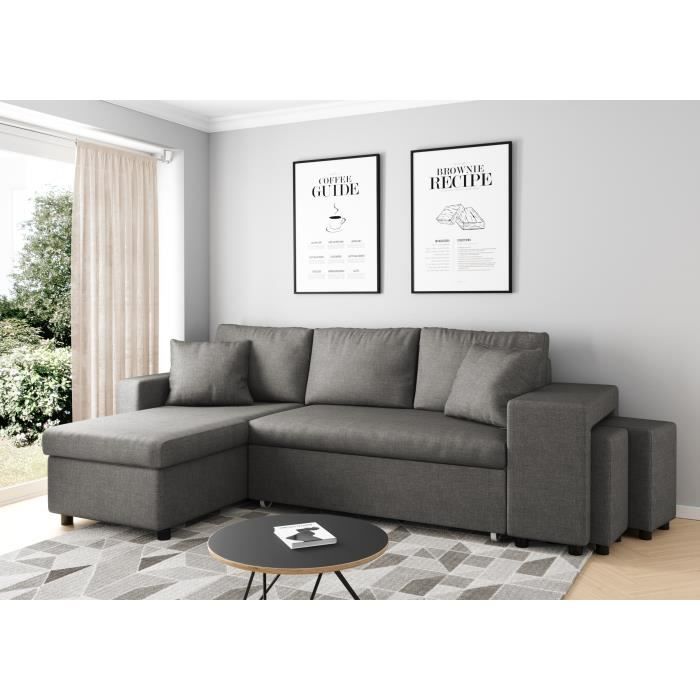 Canapé d'angle gauche convertible en lit Gris clair - LOUNGITUDE - OSLO - Coffre et poufs inclus