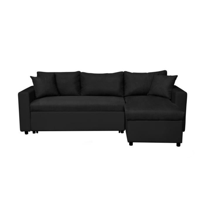 Canapé d'Angle 3 Places MARIA Réversible Convertible avec Coffre en simili et microfibre - Noir - L227 x P146 x H81cm - LOUNGITUDE