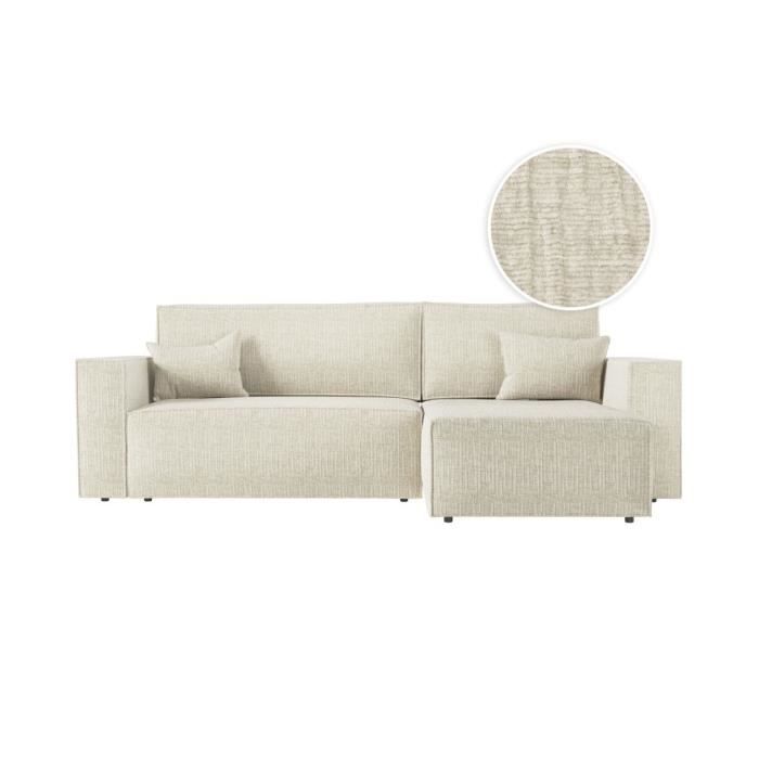 Canapé d'angle 3 places convertible réversible CLARISSE avec coffre en tissu texturé - Beige - L269 x P159 x H89cm - LOUNGITUDE
