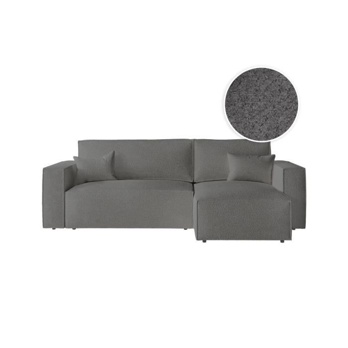 Canapé d'angle 3 places convertible réversible CLARISSE avec coffre en tissu bouclette - Gris - L269 x P159 x H89cm - LOUNGITUDE