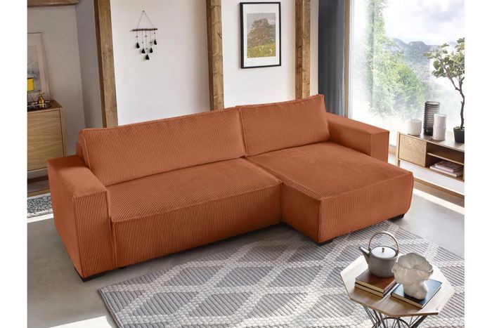 Canapé d'angle 3 places convertible réversible CLARENCE en velours côtelé - Terracotta - L248 x P161 x H90cm - LOUNGITUDE