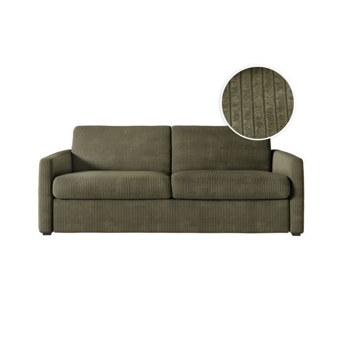 Canapé convertible express 3 places AGATHE 140x190cm en velours côtelé - Vert kaki - Matelas 13cm - L178 x P96 x H88cm - LOUNGITUDE