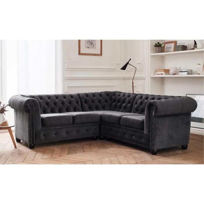 Canapé d'angle Chesterfield William - 5 places - velours - Gris foncé