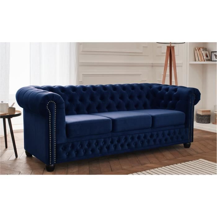 Canapé 3 places Chesterfield en velours bleu nuit - LISA DESIGN