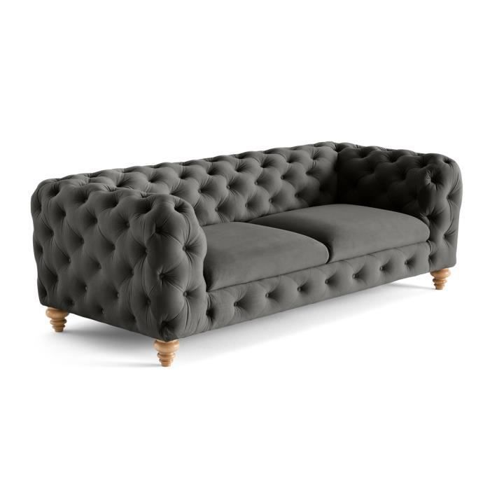 Canapé 3 places Chesterfield en velours - Lisa Design - Walter - Gris - Pieds bois