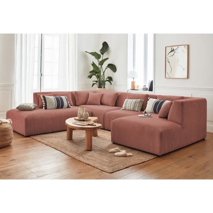 Canapé d'angle panoramique modulable 7 places en velours côtelé - Rose - Lisa Design