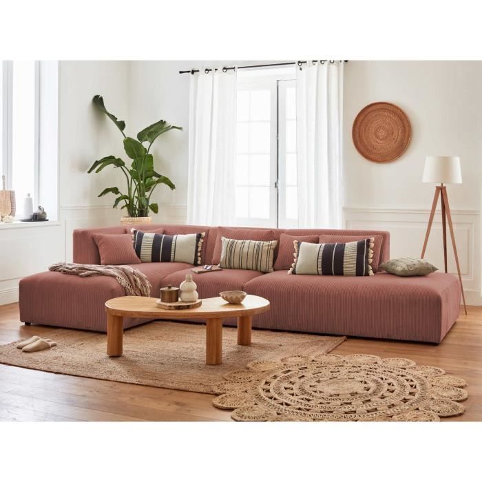 Canapé d'angle modulable 5 places en velours côtelé - Rose - Lisa Design