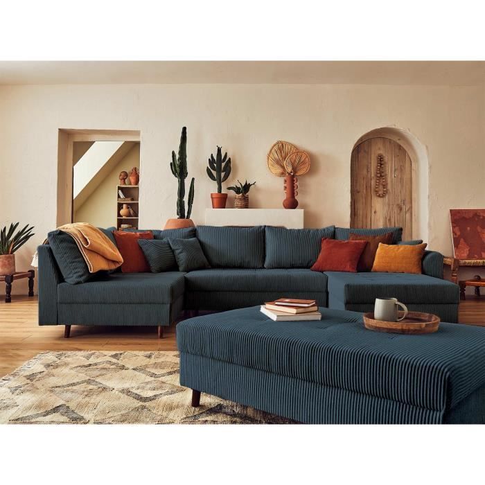 Rune - canapé panoramique d'angle gauche - 7 places - avec pouf d'appoint - en velours côtelé