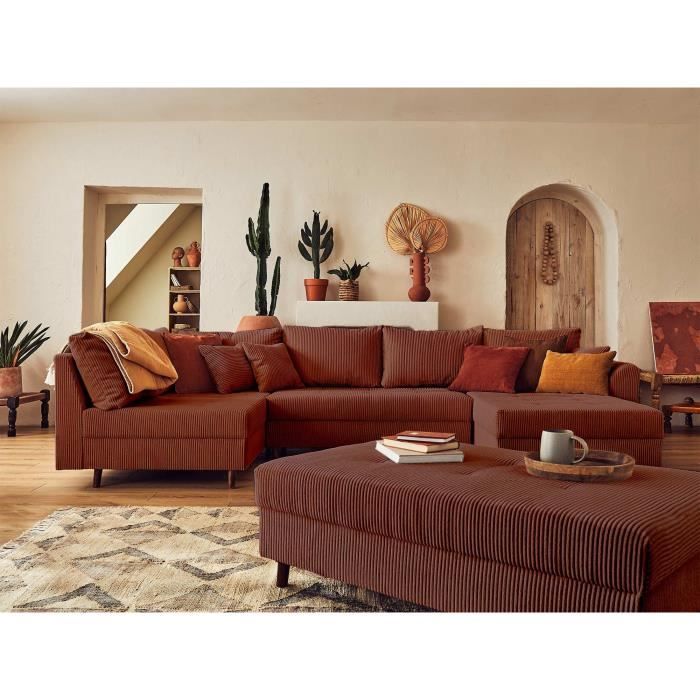 Canapé panoramique d'angle gauche - LISA DESIGN - Rune - 7 places - en velours côtelé - Terracotta