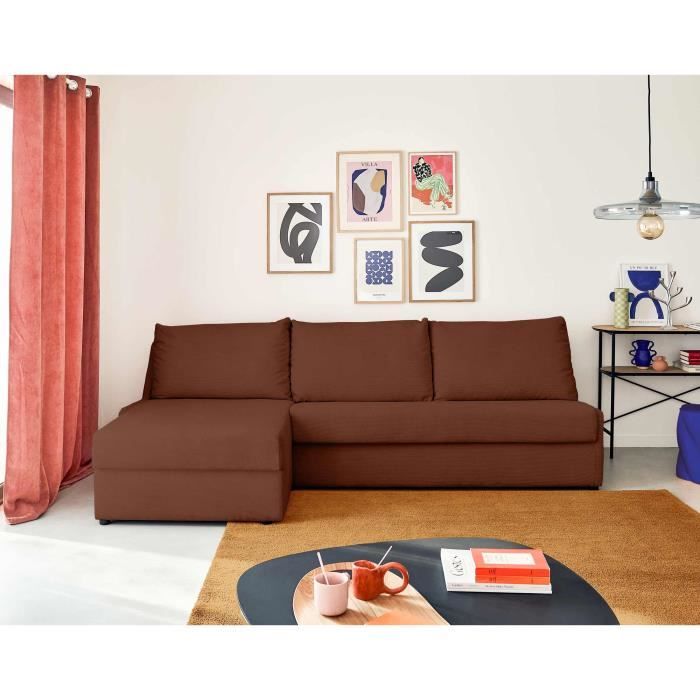 Palmira - canapé d'angle gauche - 4 places - convertible couchage quotidien - matelas 14 cm - en velours côtelé - Marron