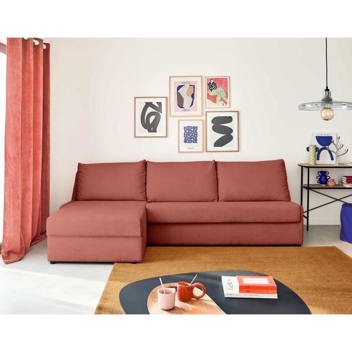 Palmira - canapé d'angle gauche - 4 places - convertible couchage quotidien - matelas 14 cm - en velours côtelé - Rose
