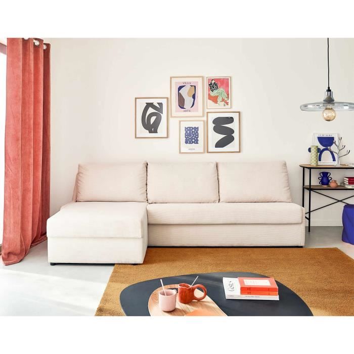 Canapé d'angle gauche convertible Palmira - 4 places - Velours côtelé - Beige