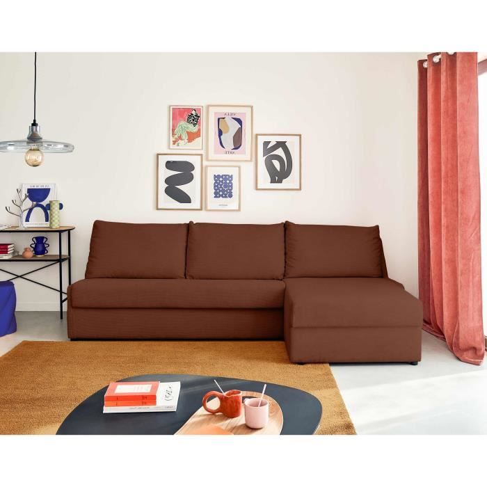 Palmira - canapé d'angle droit - 4 places - convertible couchage quotidien - matelas 14 cm - en velours côtelé - Marron