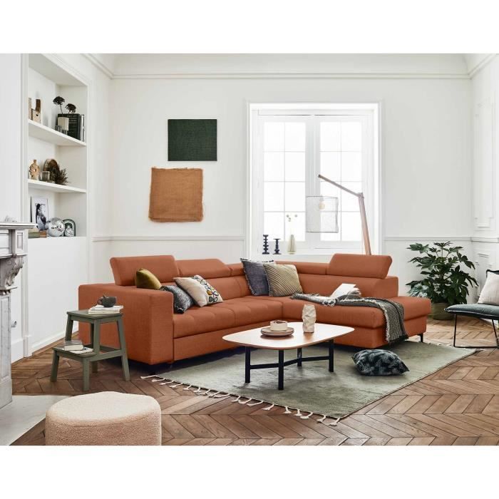 Canapé d'angle droit convertible 5 places avec coffre et têtières réglables en tissu Terracotta - LISA DESIGN
