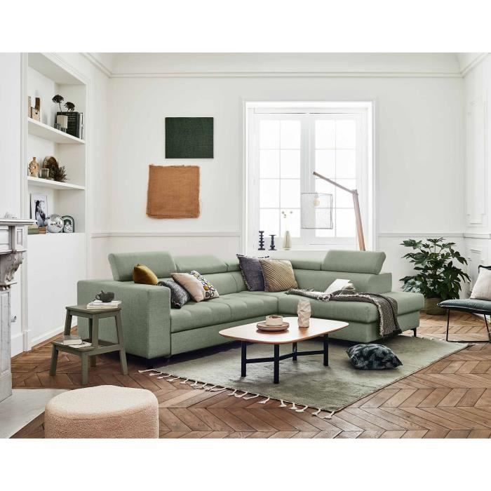 Canapé d'angle convertible Olinda 5 places en tissu vert sauge