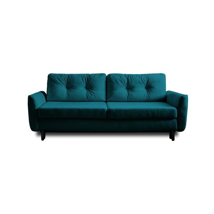 Canapé droit 3 places convertible avec coffre de rangement - Velours Bleu canard - LISA DESIGN