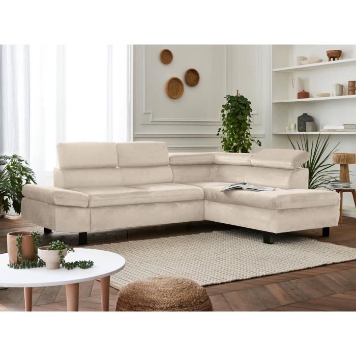 Canapé d'angle convertible Nairobi en velours 5 places avec têtières - Droit Couleur Beige