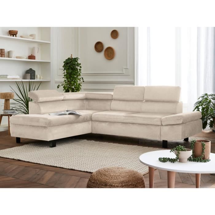 Canapé d'angle convertible en velours 5 places avec têtières - Gauche Couleur Beige - Marque Lisa Design
