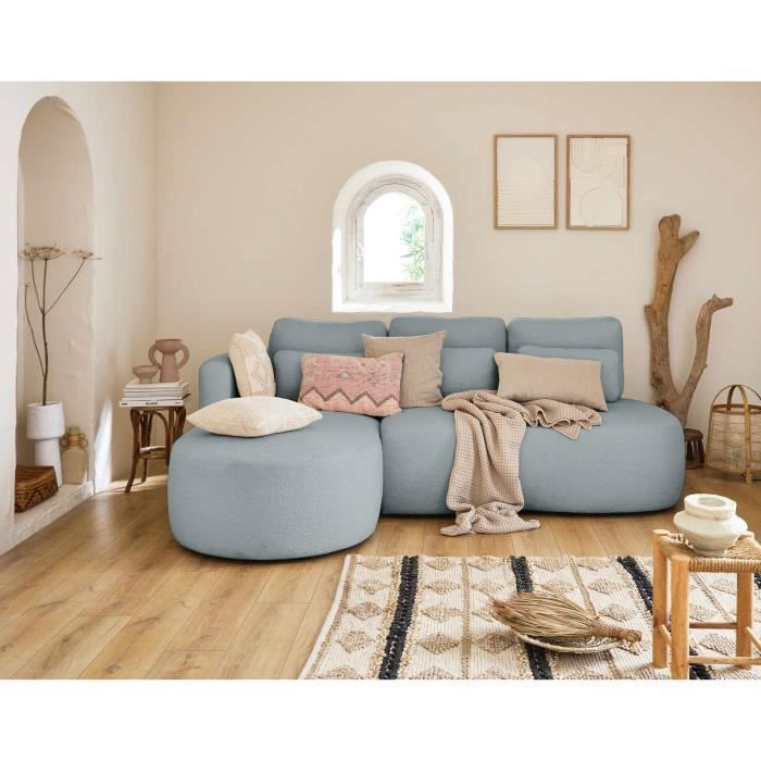Canapé d'angle convertible bleu en tissu bouclette avec coffre - LISA DESIGN