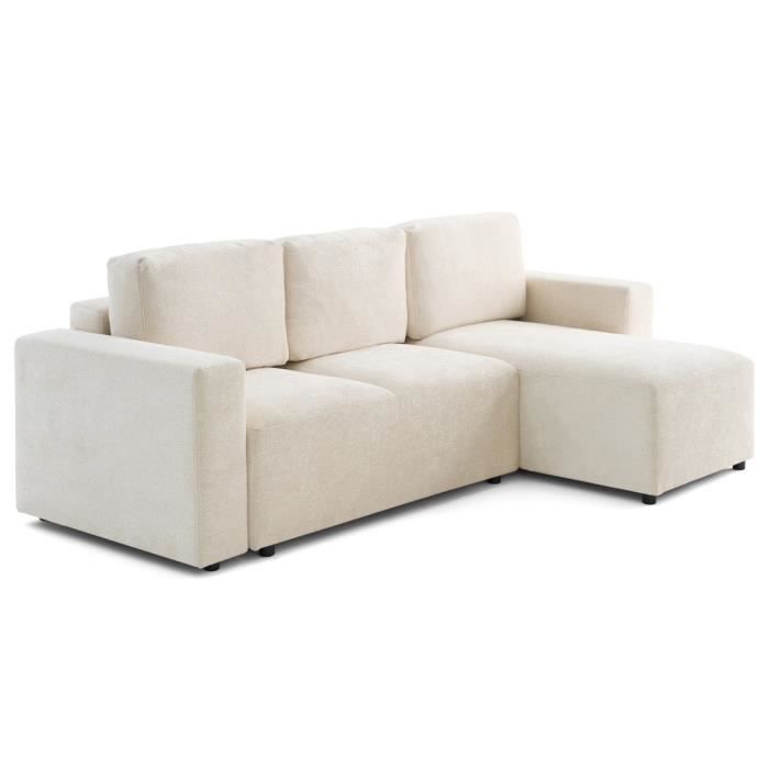 Livy - canapé d'angle réversible 4 places convertible avec coffre en velours texturé - Beige