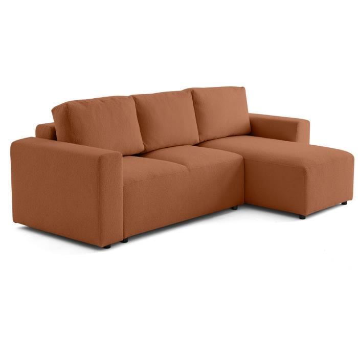 Livy - canapé d'angle réversible 4 places convertible avec coffre en tissu bouclette - Terracotta