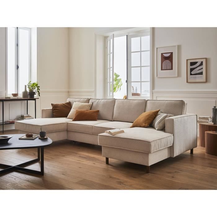 Canapé panoramique en U - LISA DESIGN - Jake - Convertible - Avec coffre - Velours côtelé - Beige
