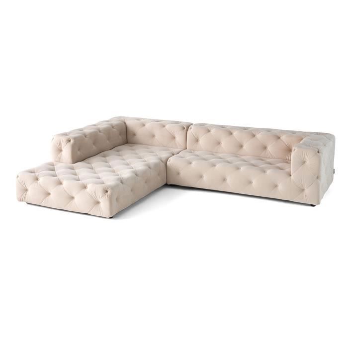 Gallata - canapé Chesterfield d'angle gauche - 5 places - en velours - Beige