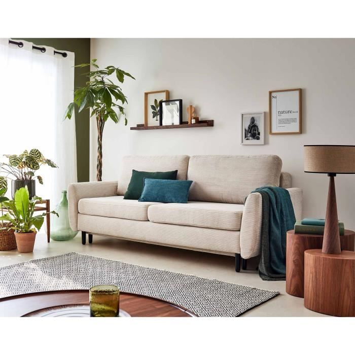 Canapé convertible avec coffre en velours côtelé beige - LISA DESIGN - Dan