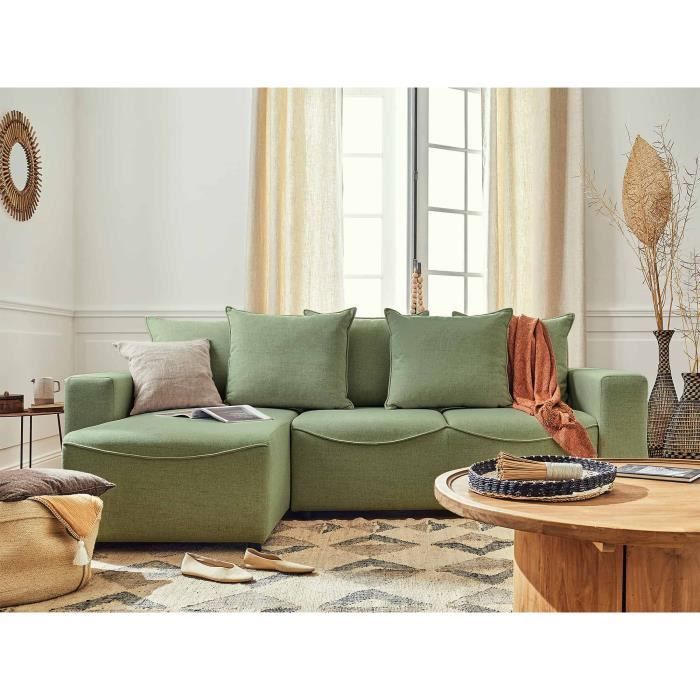 Capucine - Canapé d'angle réversible convertible avec coffre 4 places en tissu vert sauge - LISA DESIGN