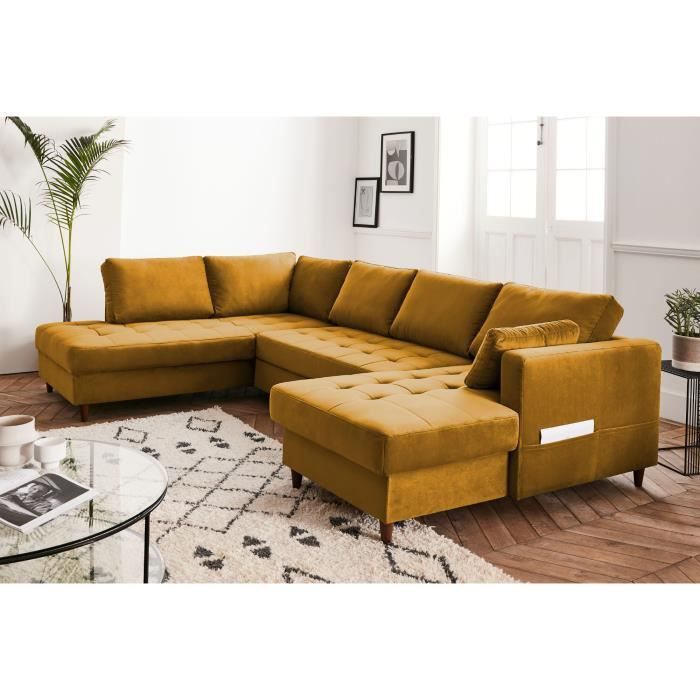 Canapé d'angle panoramique convertible avec coffre 7 places style contemporain Lisa Design - Jaune
