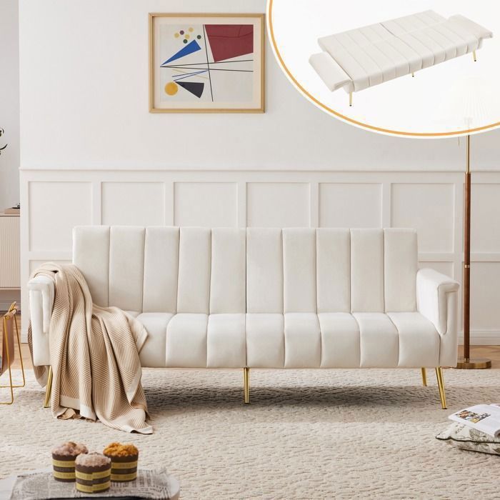 Sofabed 2/3 places, Canapé pliant, Tissu velours, Canapé avec fonction sommeil, Canapé avec pieds d'assistance183*76*75cm,Beige