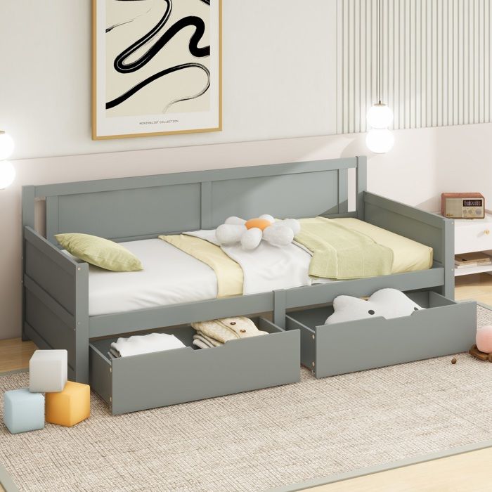Lit en bois massif Canapé-lit 90 x 200 Lit simple avec deux tiroirs Structure en bois massif - gris