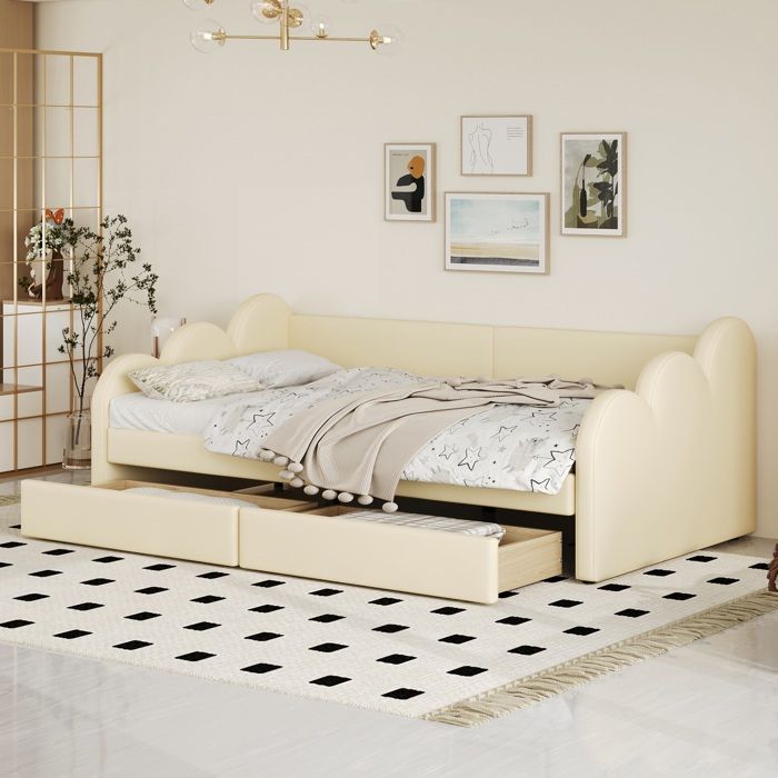 Lit capitonné 90 x 200 cm canapé-lit lit simple avec dossier et accoudoirs avec 2 tiroirs - beige