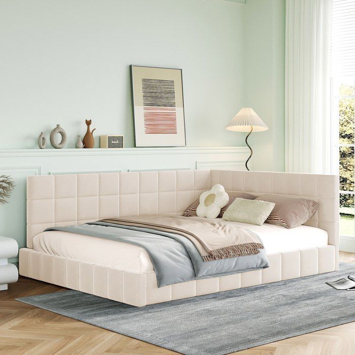 Canape lit 2 places Lit capitonne 140*200 Lit multifonctionnel avec sommier à lattes,tissu velours, Beige