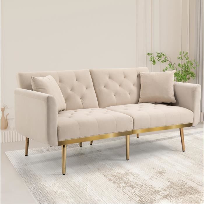 Canapé convertible 3 places en velours 162x78x80cm Canapé-lit avec Dossier réglable et Pieds métal pour salon chambre - beige