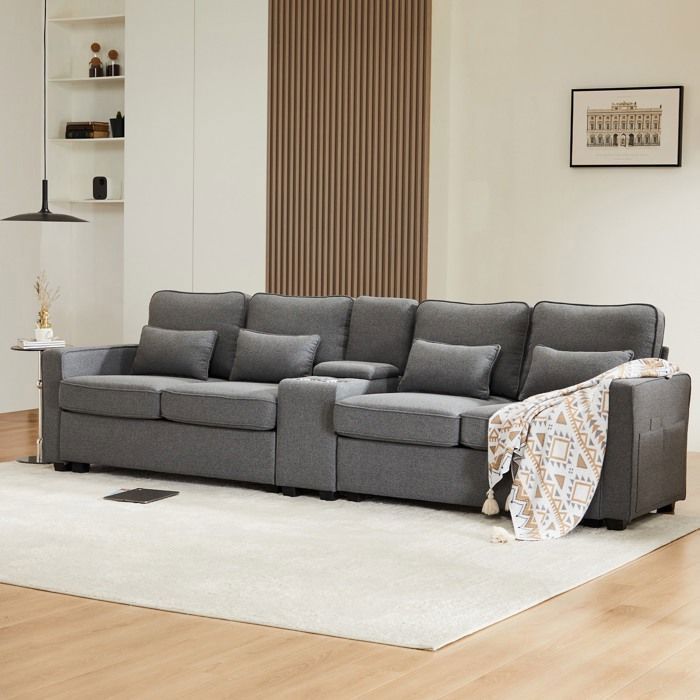 Canapé Simple et Moderne 4 Places en Lin avec Console, 2 Porte-gobelets,2 Ports USB avec Poches pour Bras et 4 Coussins,Gris foncé
