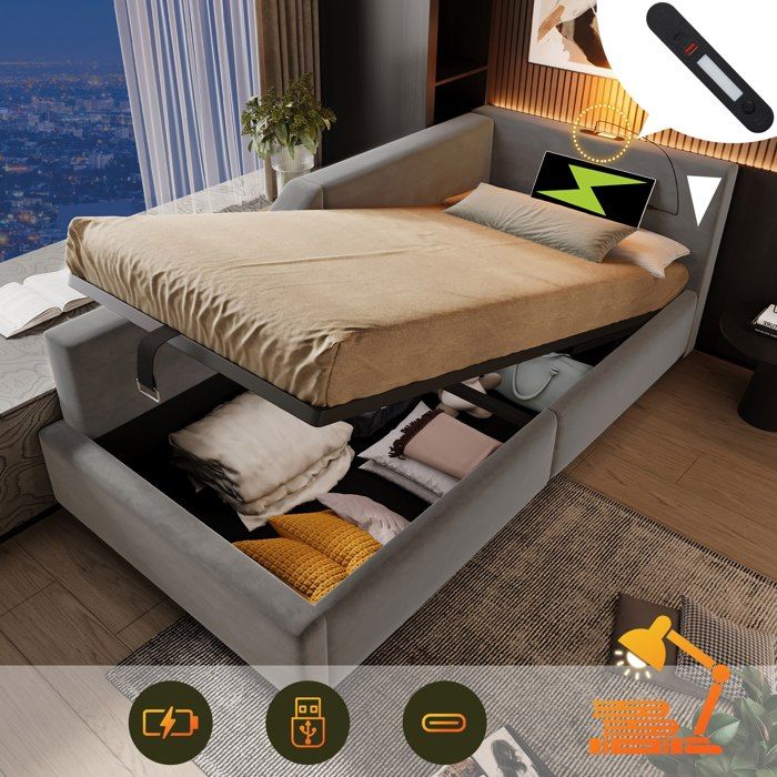 Canapé-lit Lit de jour capitonné 90x200cm Avec sommier Lit coffre 1 personne Avec hydraulique, liseuse et USB-C ,Velours, Gris