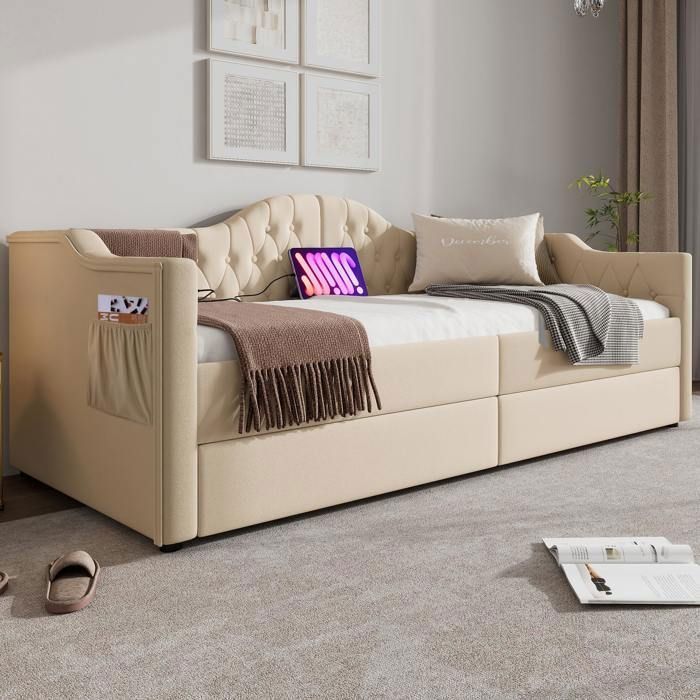 Canapé lit  2 tiroirs 90x190 cm avec chargement USB type C ,  velours beige (matelas non inclus)