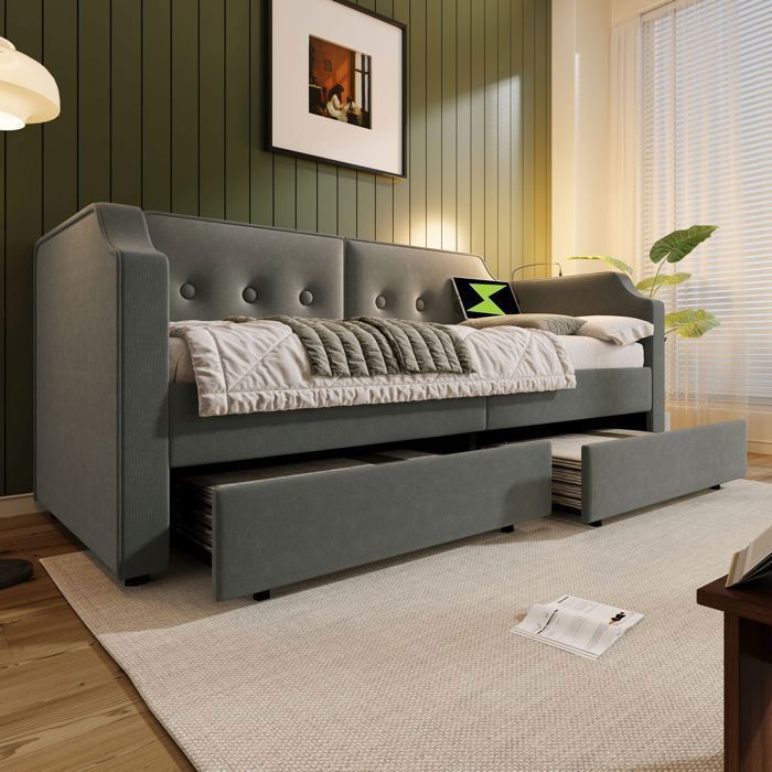 Canapé-lit capitonné avec 2 tiroir 90 x 200 cm ,banquette lit avec liseuse USB Type-C, velours, gris