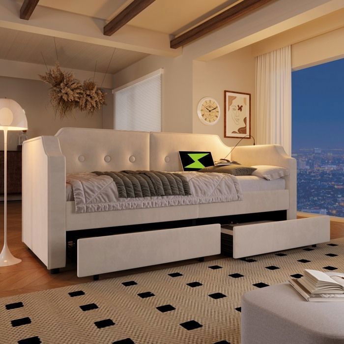 Canapé-lit simple rembourré avec 2 tiroirs et sommier à lattes, banquette-lit avec liseuse USB Type-C, velours, beige.