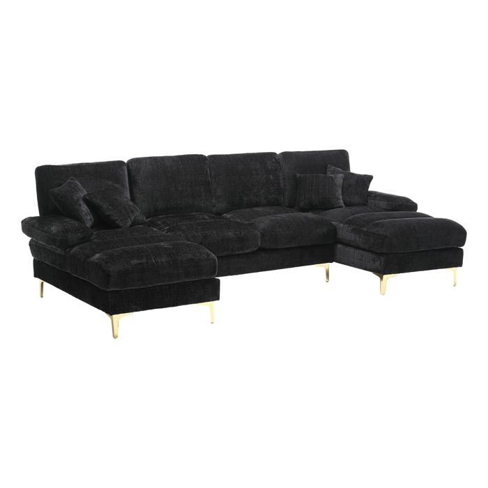 Canapé d'angle panoramique en U  6 places - Velours Chenille Noir-pour salon, bureau,appartement-L272 x P136 x H88