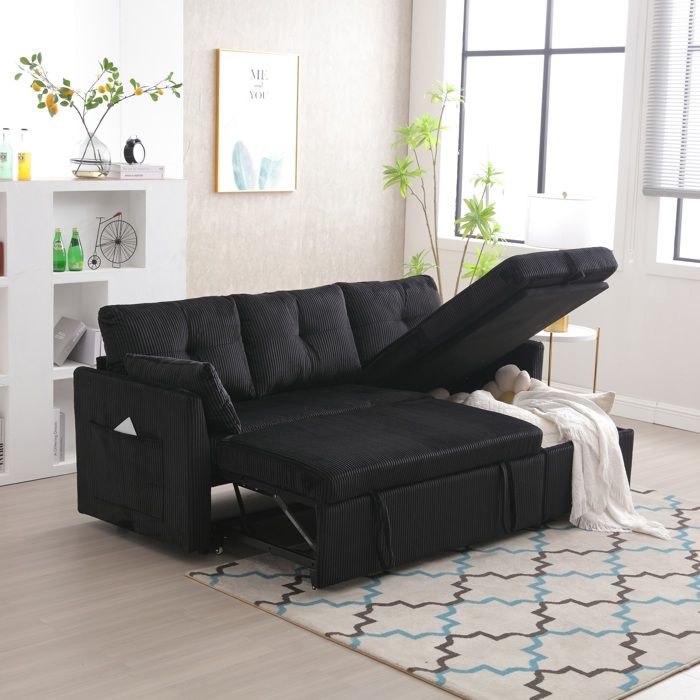 Canapé d'angle convertible avec rangements et poches pour accoudoirs,canapé-lit convertible3 places en forme de rayures,velour,noir