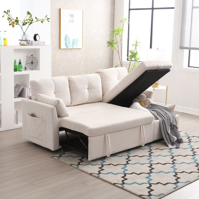 Canapé d'angle convertible avec rangements et poches pour accoudoirs,canapé-lit convertible3 places en forme de
