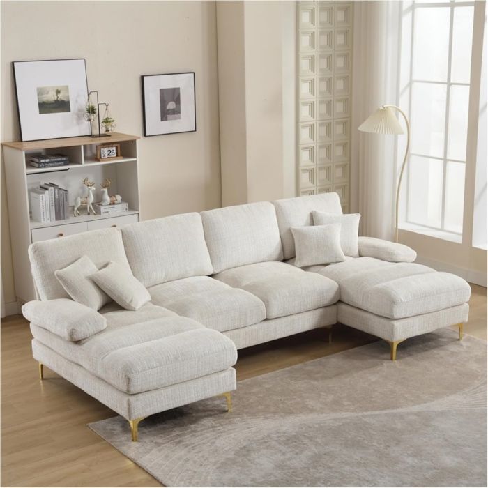 Canapé 4/5 Places en tissu chenille,Canapé sectionnel en U Moderne Avec deux canapés inclinables,oreillers pour salon,chambre,Beige