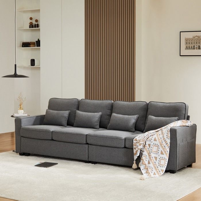 Canapé 4 Places Moderne en Tissu de Lin,avec Poches accoudoirs et 4 Coussins, canapé de Style Simple 264*83*87cm, Gris foncé