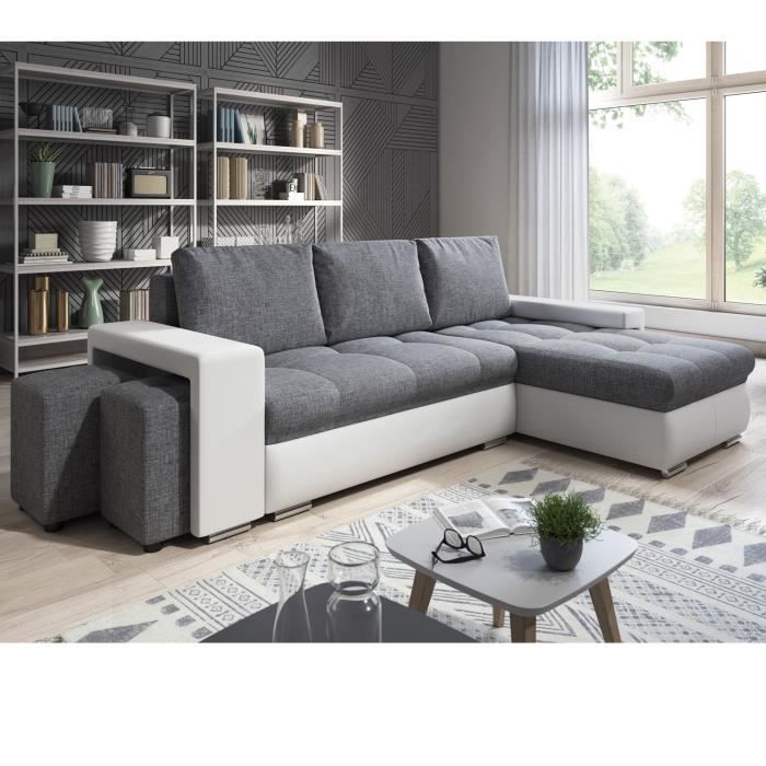 Canapé d'angle convertible Simon - LESTOCKDESIGN - Blanc/Gris - Coffre de rangement - Réversible