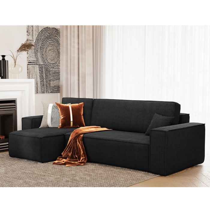 Canapé d'angle LISA convertible réversible coffre velours côtelé noir anthracite